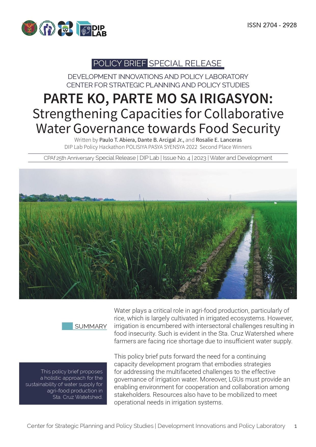 <strong>PARTE KO, PARTE MO SA IRIGASYON:<br>Strengthening Capacities for Collaborative<br>Water Governance towards Food Security</strong>